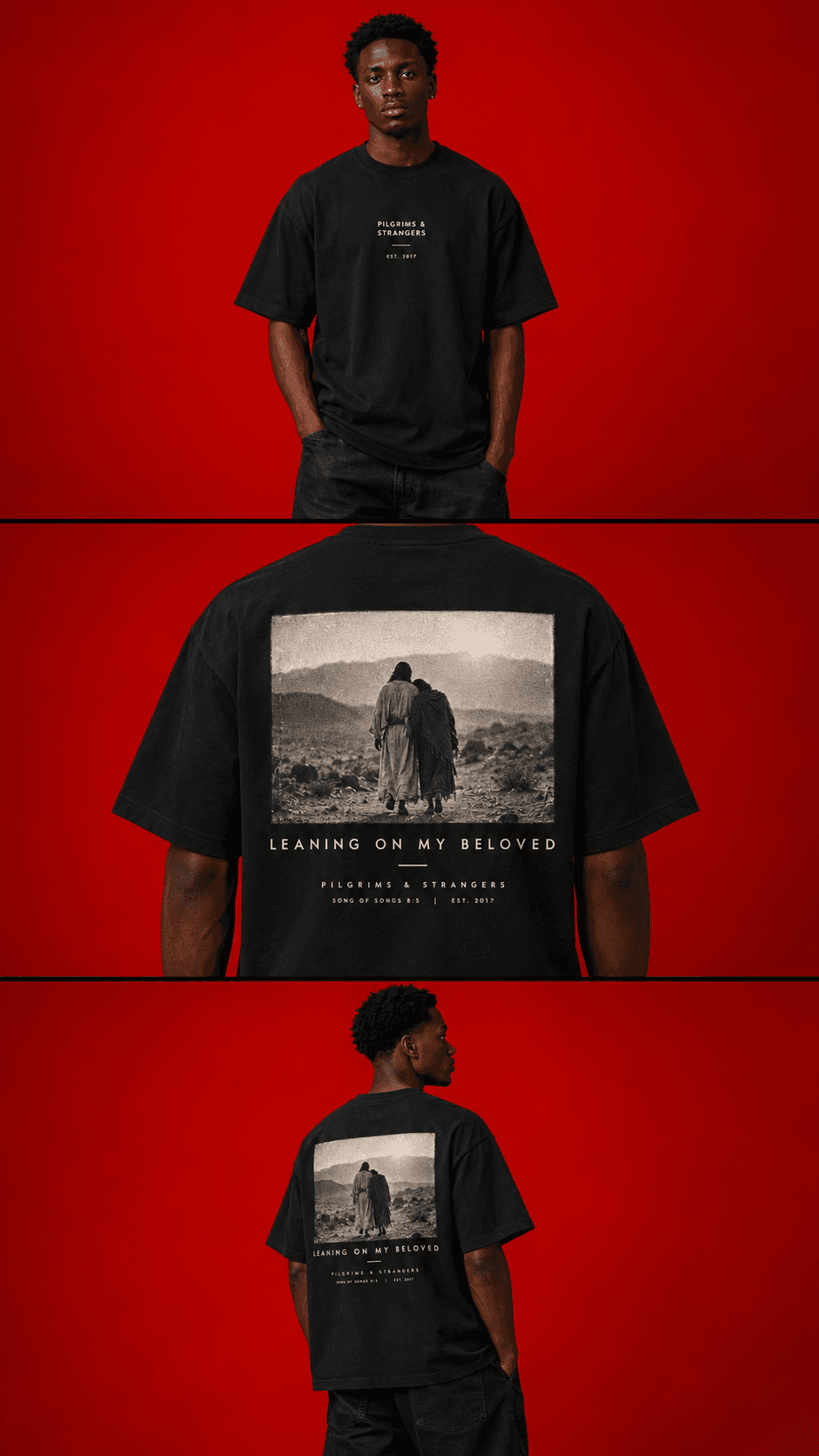 Leaning on My Beloved tee, front and back, on model