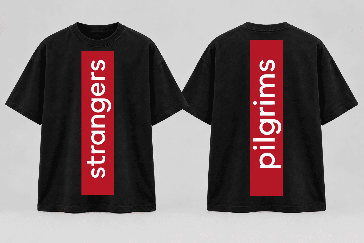 Front and back black Strangers and Pilgrims shirt study